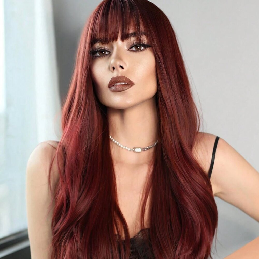 Burgundy Red Long Wavy Wig with Bangs Natural Realistic Hair look - Picture 9 of 14
